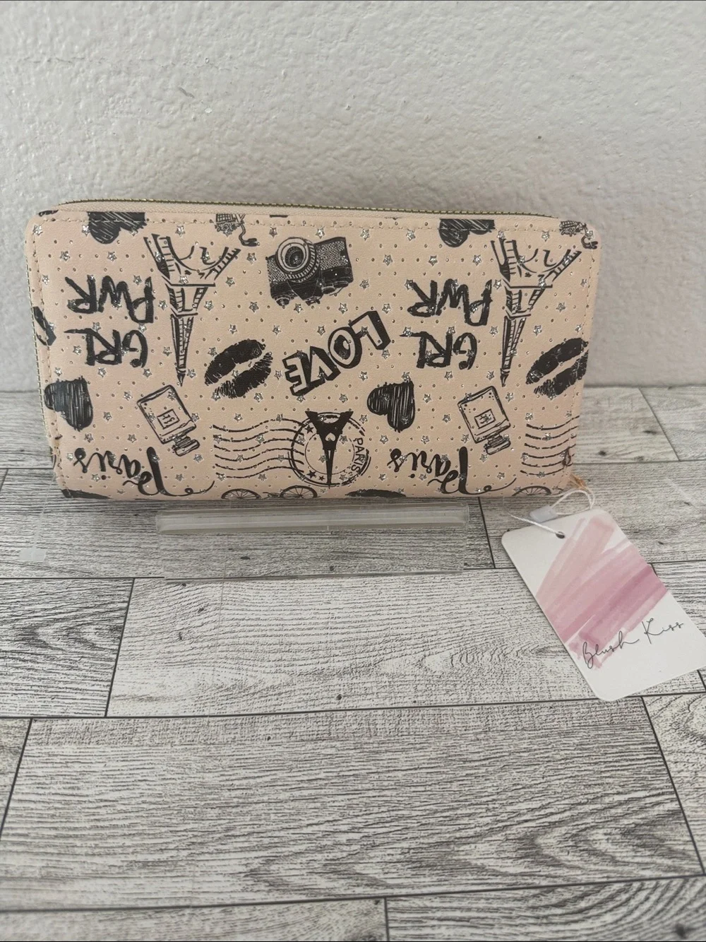 Blush Kiss Beige Graphic Paris Zip Wallet NWT